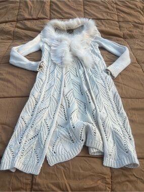 VTG Y2K Midnight Velvet Cream Knit Faux Fur Collar Cardigan Penny Lane Duster